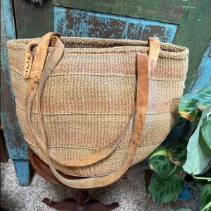 Vintage African Woven Sisal & Leather Market Tote Bag Purse